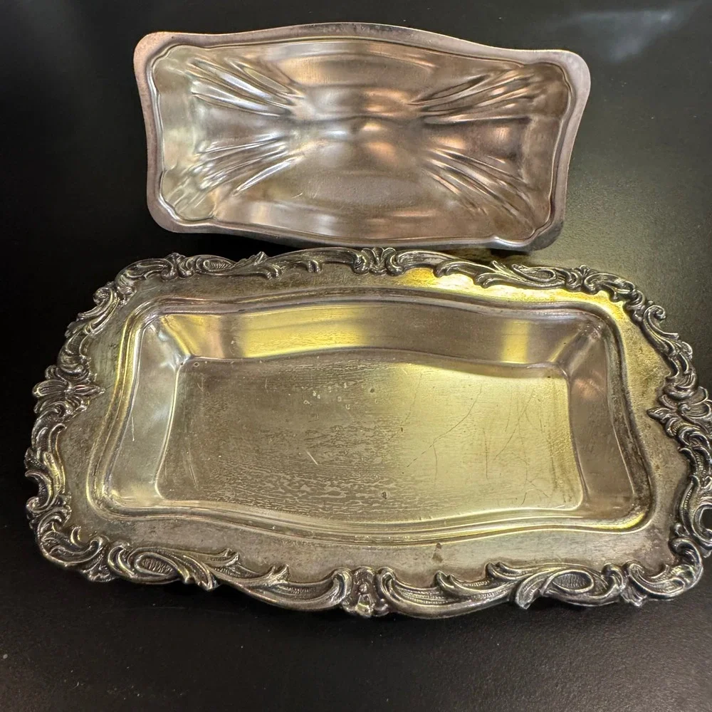Butter Dish Silver Ornate Scroll Victorian Silver Plate Tray & Lid
